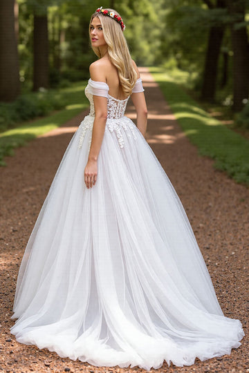 Off The Shoulder Ivory Appliqued Wedding Dress with Slit